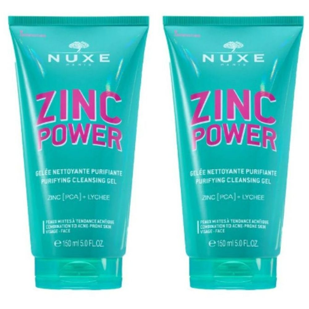 Twee tubes NUXE ZINC POWER reinigingsgel. Turquoise tubes met roze tekst. Bevat zink en lychee. Tekst: Gelée Nettoyante Purifiante.