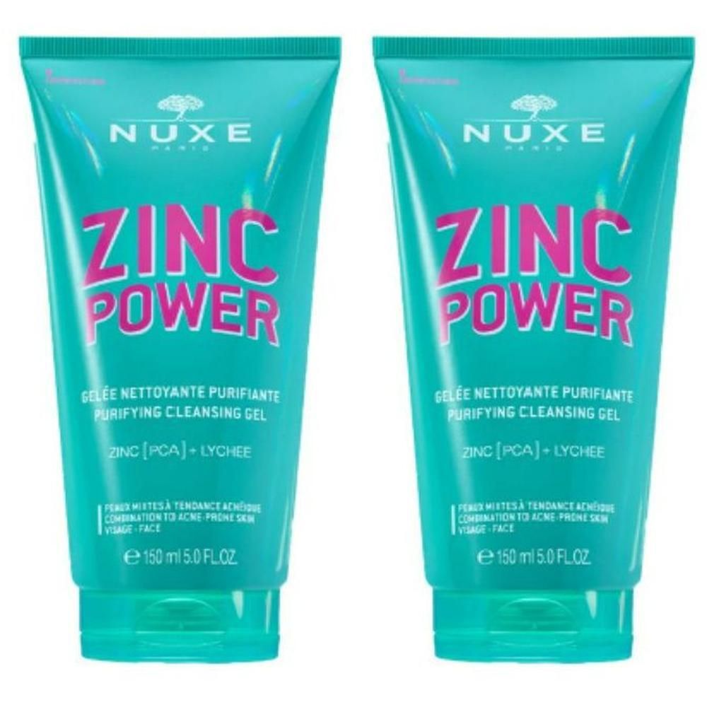 Deux tubes de gel nettoyant NUXE ZINC POWER. Emballage turquoise avec texte rose. Contient du texte.