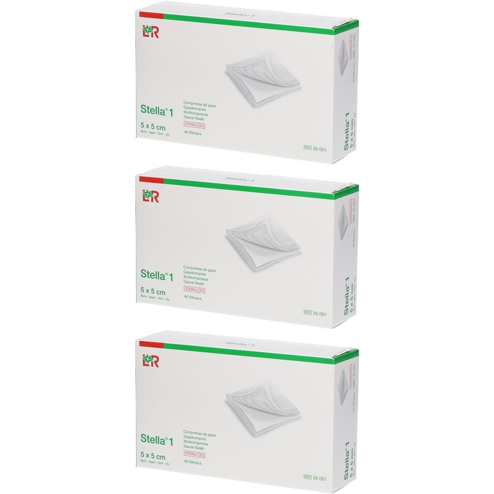 Trois boîtes blanches avec des accents verts. Chaque boîte porte l'inscription "Stella 1" et "5 x 5 cm". Un produit de gaze est illustré.