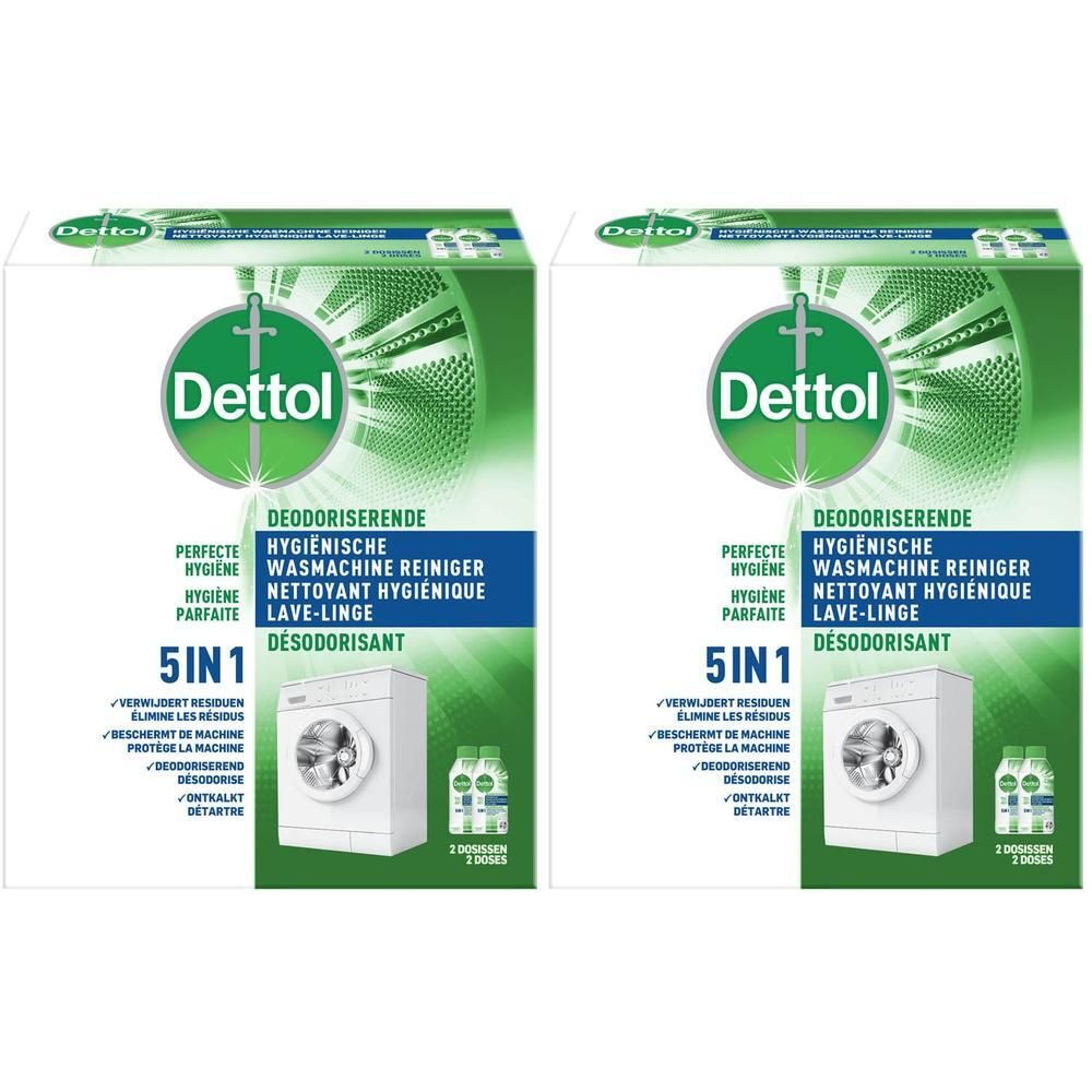 Deux boîtes de nettoyant pour lave-linge Dettol. Emballage blanc avec logo vert et informations produit.