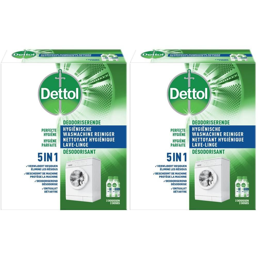 Twee verpakkingen Dettol wasmachine reiniger. Witte verpakking met groen logo en productinformatie.