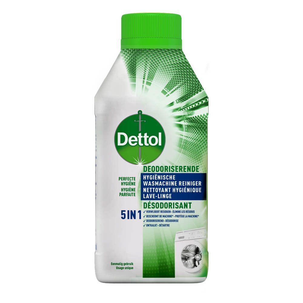 Dettol wasmachine reiniger fles. Wit met groene dop en logo. Productinformatie.