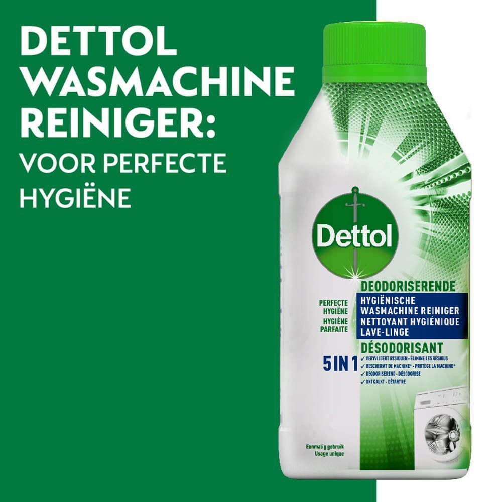 Dettol wasmachine reiniger fles. Tekst: Wasmachine reiniger voor perfecte hygiëne.