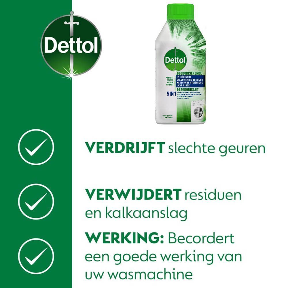 Dettol wasmachine reiniger fles. Tekst: Wasmachine reiniger voor perfecte hygiëne.