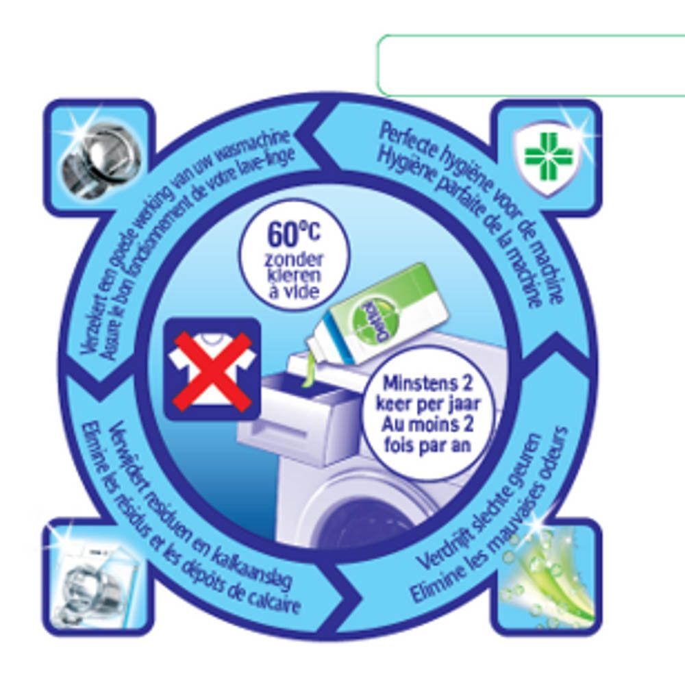 Wasmachine in een kamer. Tekst: Voor een schone wasmachine en een schone was.