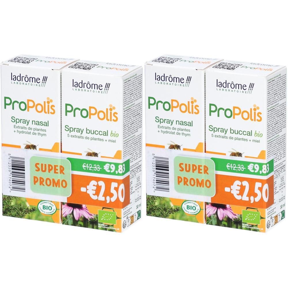Twee dozen Propolis neusspray en mondspray. Opschriften: Propolis, Spray nasal, Spray buccal bio, Super Promo, Bio-label, prijsverlaging.