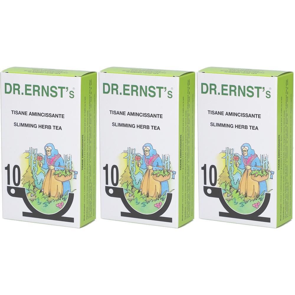 Trois boîtes de tisane. Inscription: DR.ERNST'S, Tisane Amincissante, Slimming Herb Tea. Numéro 10.