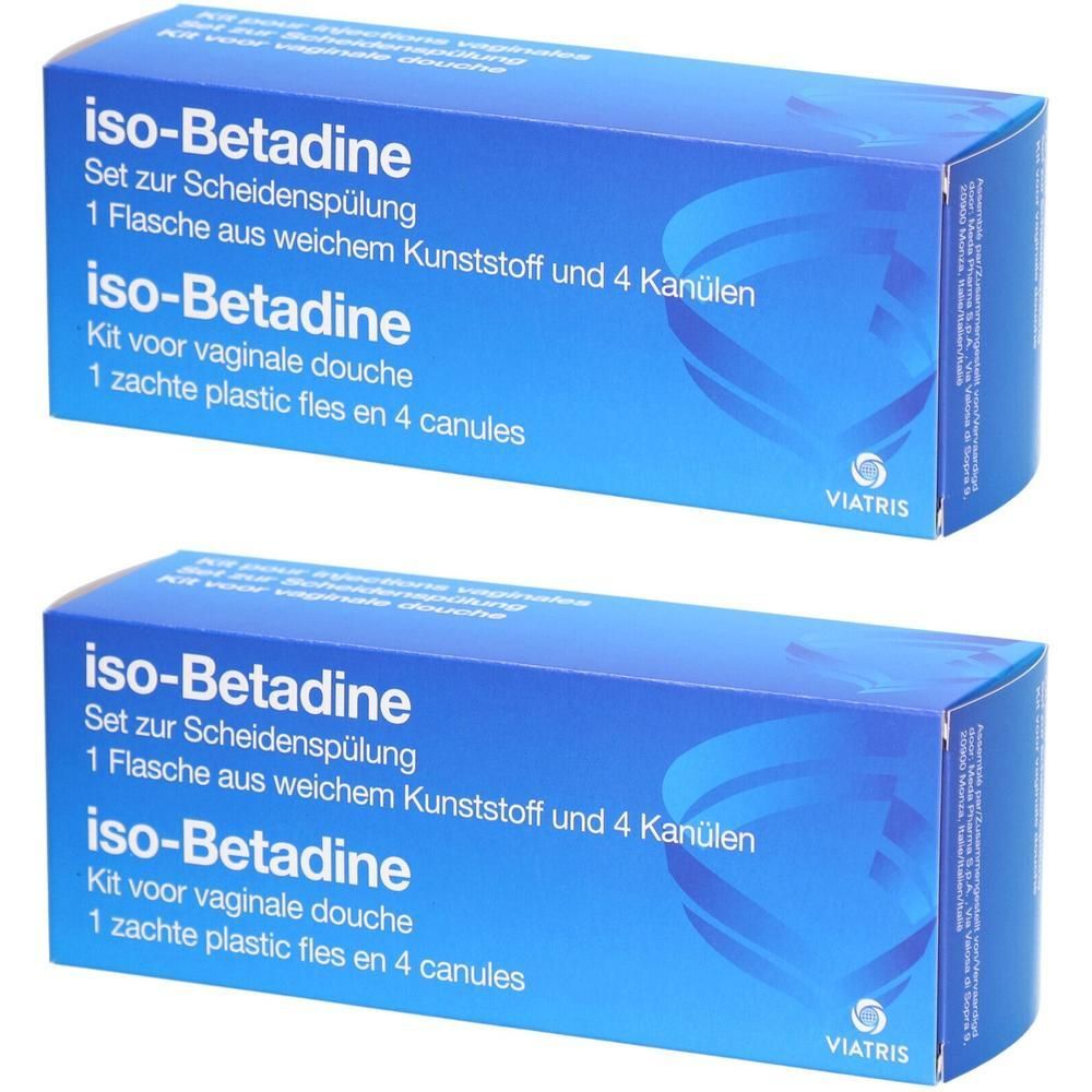 Twee blauwe dozen iso-Betadine. Tekst: Kit voor vaginale douche, 1 fles en 4 canules. Viatris logo.
