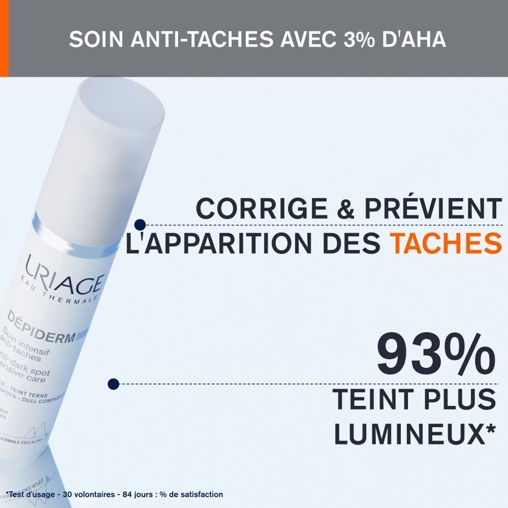 Flacon avec texte. Texte: Soin anti-taches avec 3% d'AHA. Corrige & prévient l'apparition des taches. 93% teint plus lumineux.