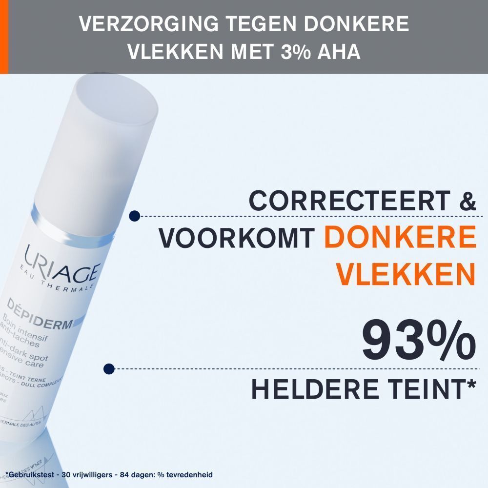 Fles met tekst. Tekst: Soin anti-taches avec 3% d'AHA. Corrige & prévient l'apparition des taches. 93% teint plus lumineux.