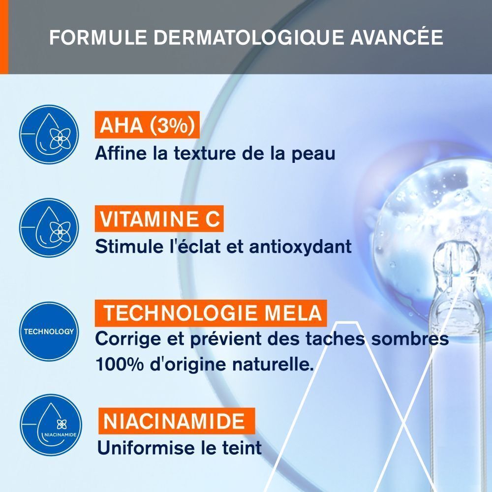 Graphique avec ingrédients. Texte: AHA (3%), Vitamine C, Technologie Mela, Niacinamide.