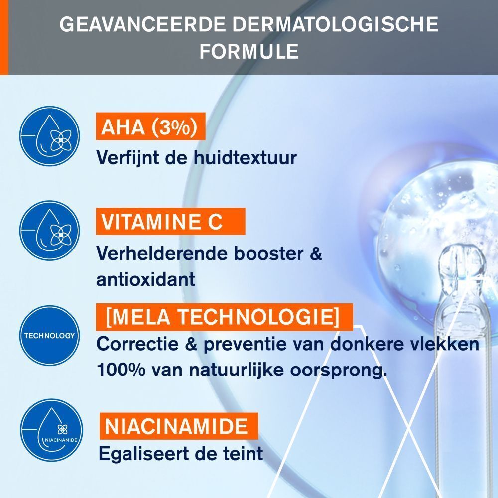 Grafiek met ingrediënten. Tekst: AHA (3%), Vitamine C, Technologie Mela, Niacinamide.