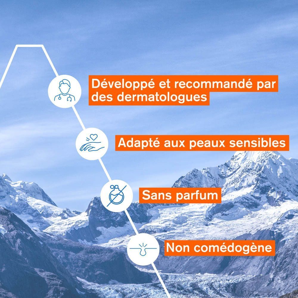 Graphique avec texte. Texte: Développé et recommandé par des dermatologues, Adapté aux peaux sensibles, Sans parfum, Non comédogène.