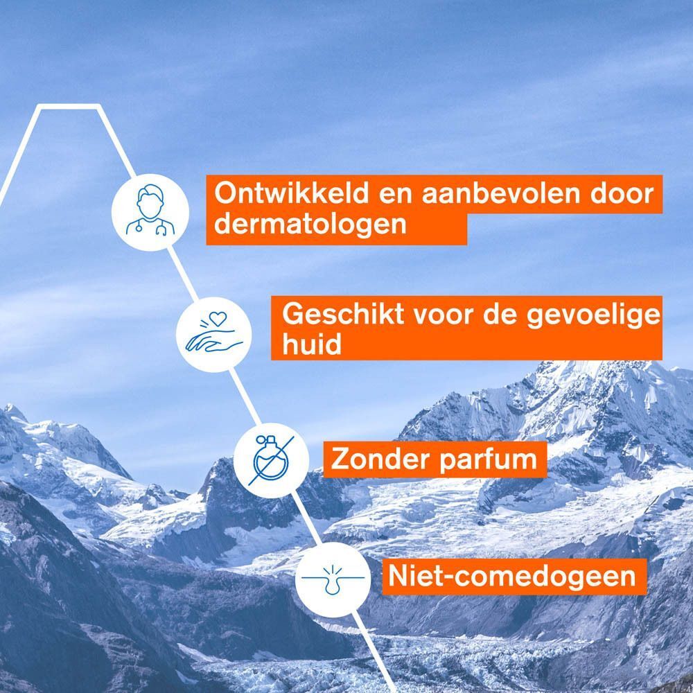 Grafiek met tekst. Tekst: Développé et recommandé par des dermatologues, Adapté aux peaux sensibles, Zonder parfum, Niet-comedogeen.