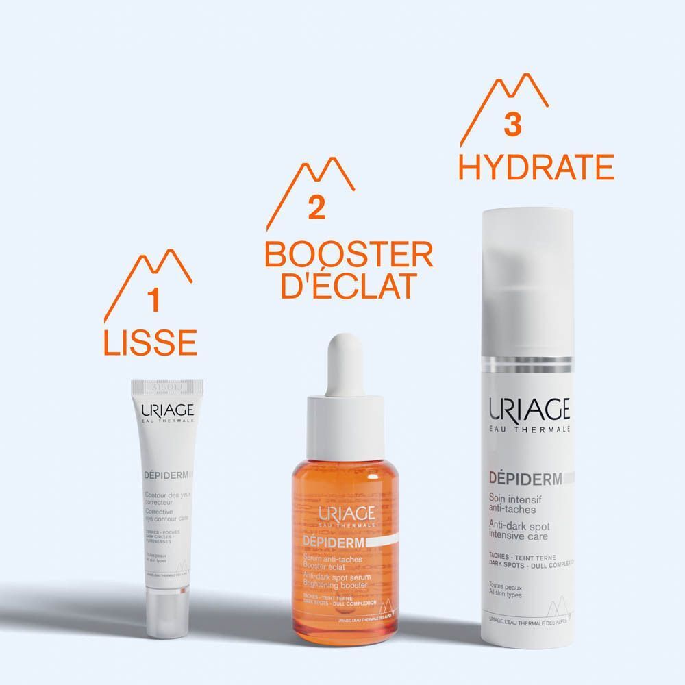Trois produits. Texte: 1 Lisse, 2 Booster d'éclat, 3 Hydrate. Produits avec logo Uriage.