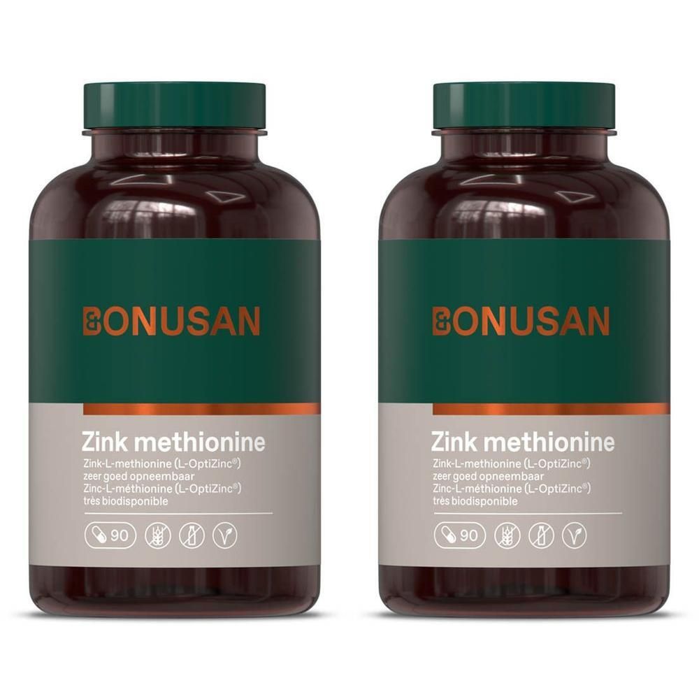 Deux flacons avec étiquette verte. Inscription : BONUSAN, Zinc méthionine. Contient 90 gélules. Avec certifications.