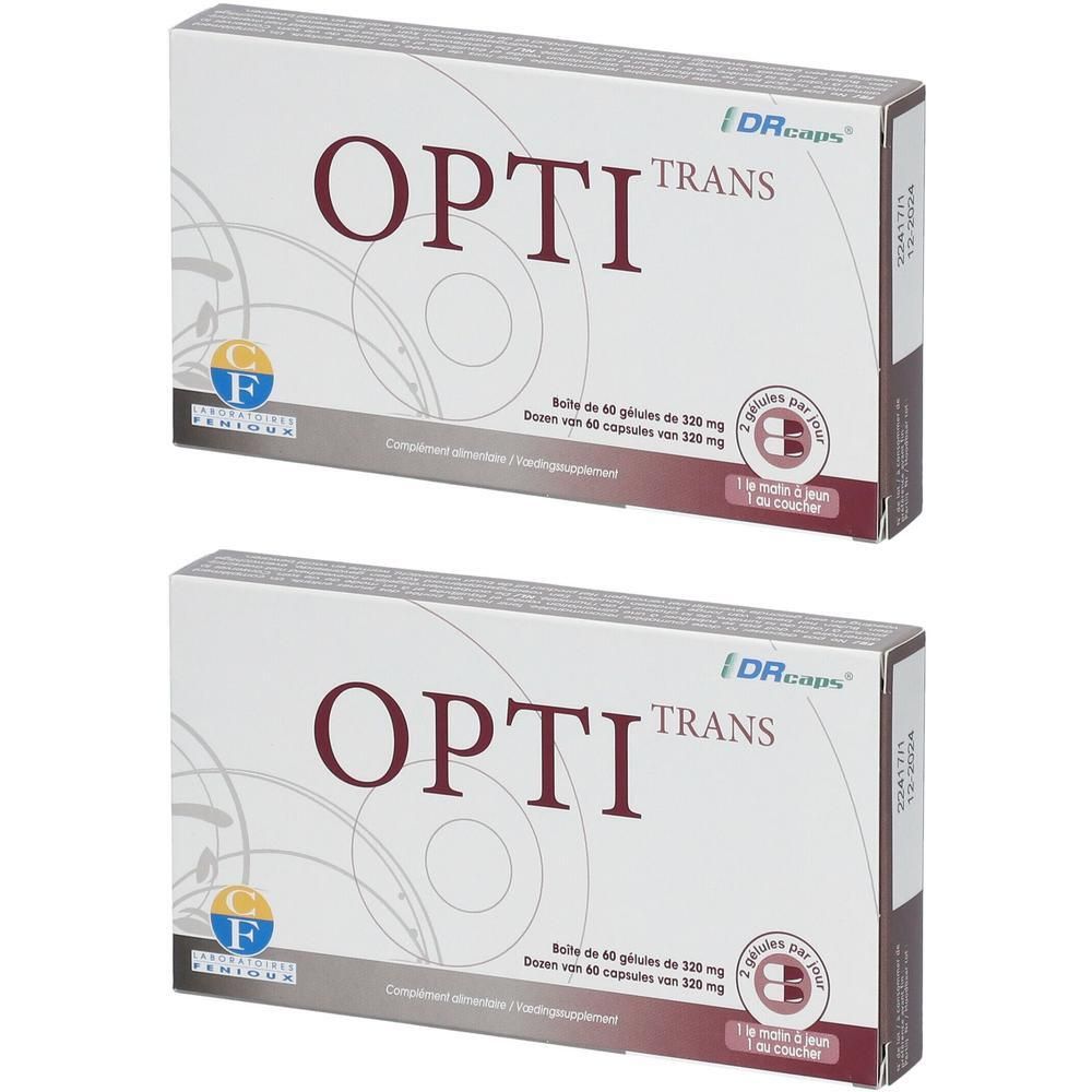 Deux boîtes de Fenioux Opti Trans. Emballage blanc avec nom et logo du produit. Contient 60 gélules. Inscription : 1 gélule par jour.