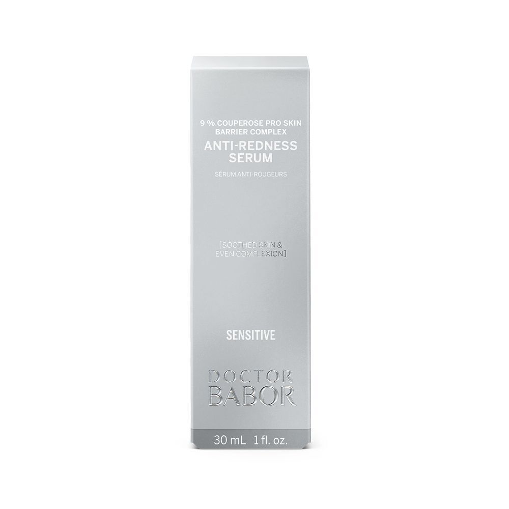Emballage gris avec informations produit. Inscription: Anti-Redness Serum, Doctor BABOR, 30 ml.