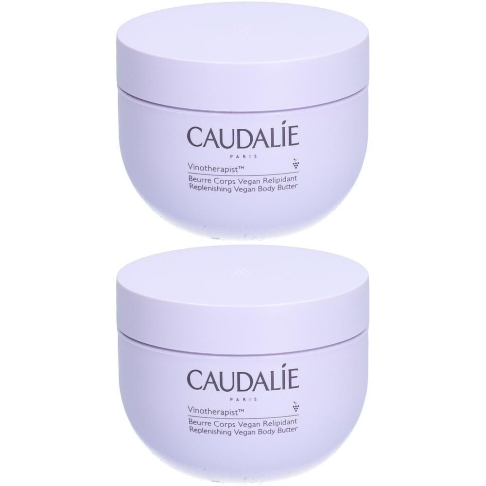 Deux pots ronds et clairs. Sur chacun, CAUDALIE et Vinotherapist. Texte: Beurre Corps Vegan Relipidant, Replenishing Vegan Body Butter.