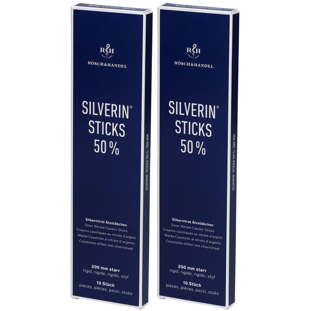Twee blauwe dozen met de tekst SILVERIN STICKS 50%. Bevat 10 stuks. 200 mm stijf.