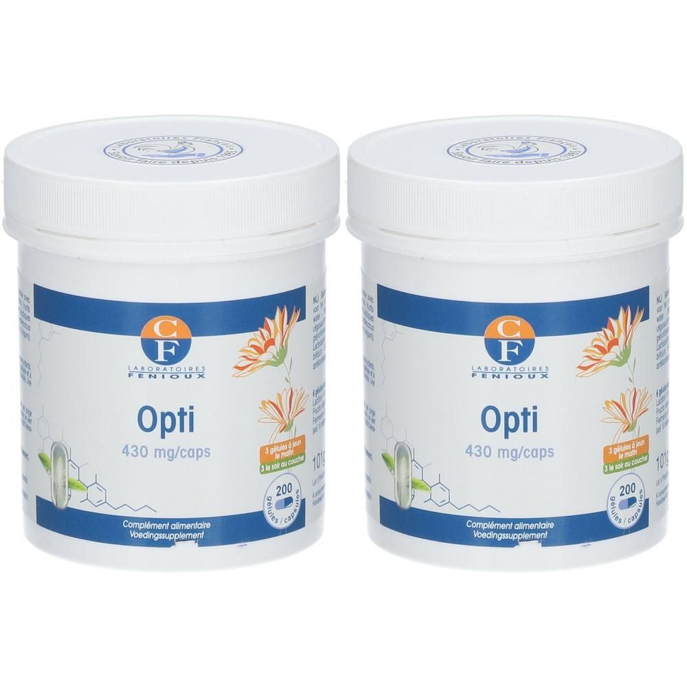 Deux pots blancs avec couvercles. Inscription Opti, 430 mg/caps. Logo et motif floral. Contient 200 capsules.
