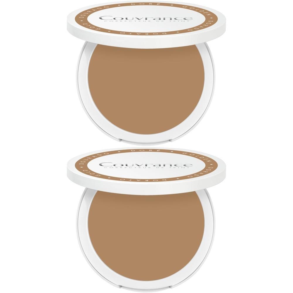 Twee compacte crème fond de teint. Ronde, witte containers met open deksels. Beige crème. Inscriptie op deksels.