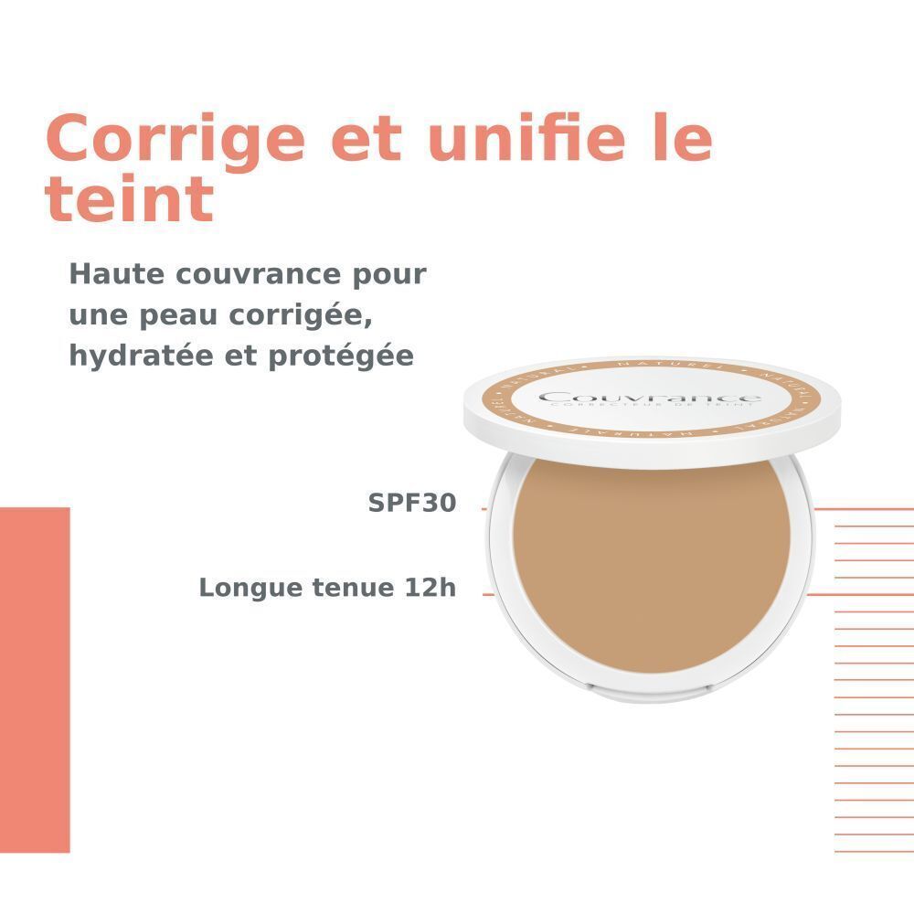 Fond de teint compact crème, couvercle ouvert. Crème beige. Texte: Haute couvrance, SPF30, Longue tenue 12h.