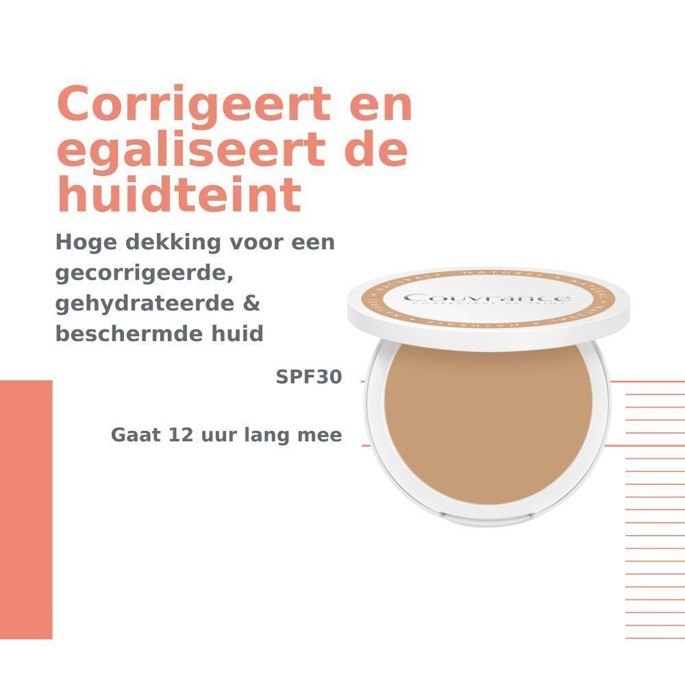 Compacte crème fond de teint met open deksel. Beige crème. Tekst: Hoge dekking, SPF30, Gaat 12 uur lang mee.