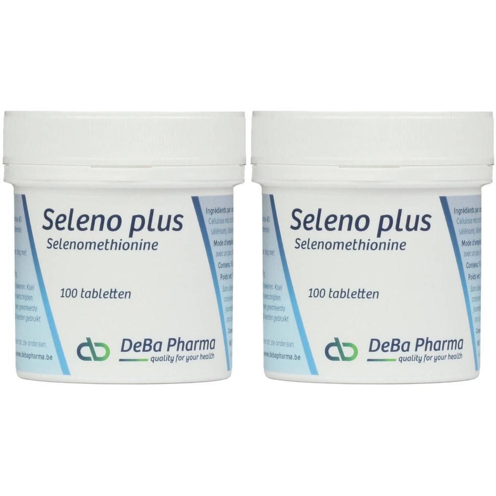 Twee witte potten met deksels. Opschrift: Seleno plus, Selenomethionine, 100 tabletten. Logo DeBa Pharma.
