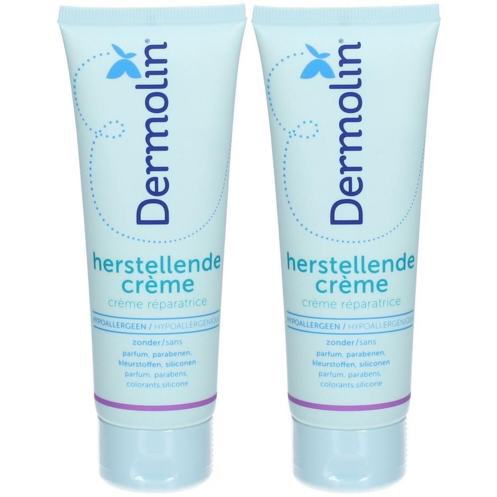Deux tubes de crème Dermolin. Tubes bleu clair avec texte et logo. Texte: herstellende crème, crème réparatrice. Hypoallergénique.
