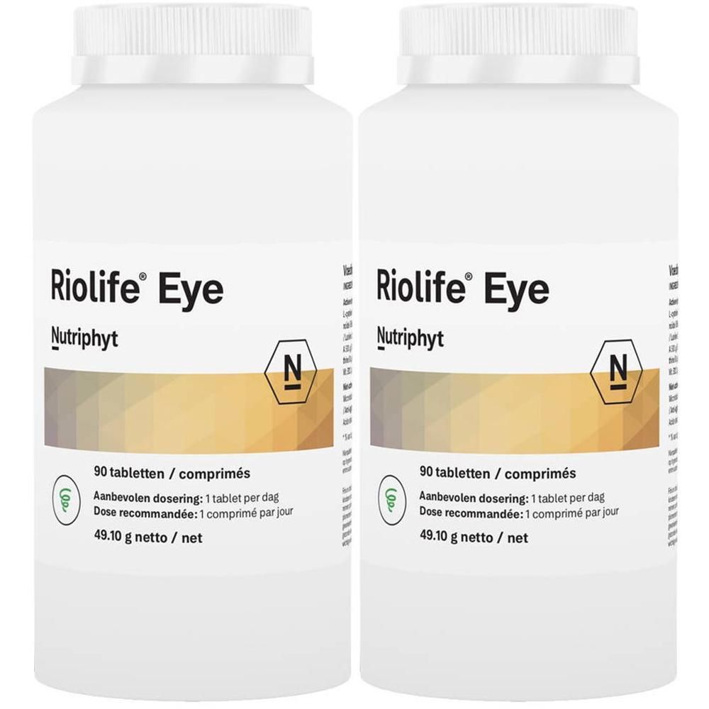 Deux flacons blancs avec l'inscription Riolife Eye et Nutriphyt. Chaque flacon contient 90 comprimés.