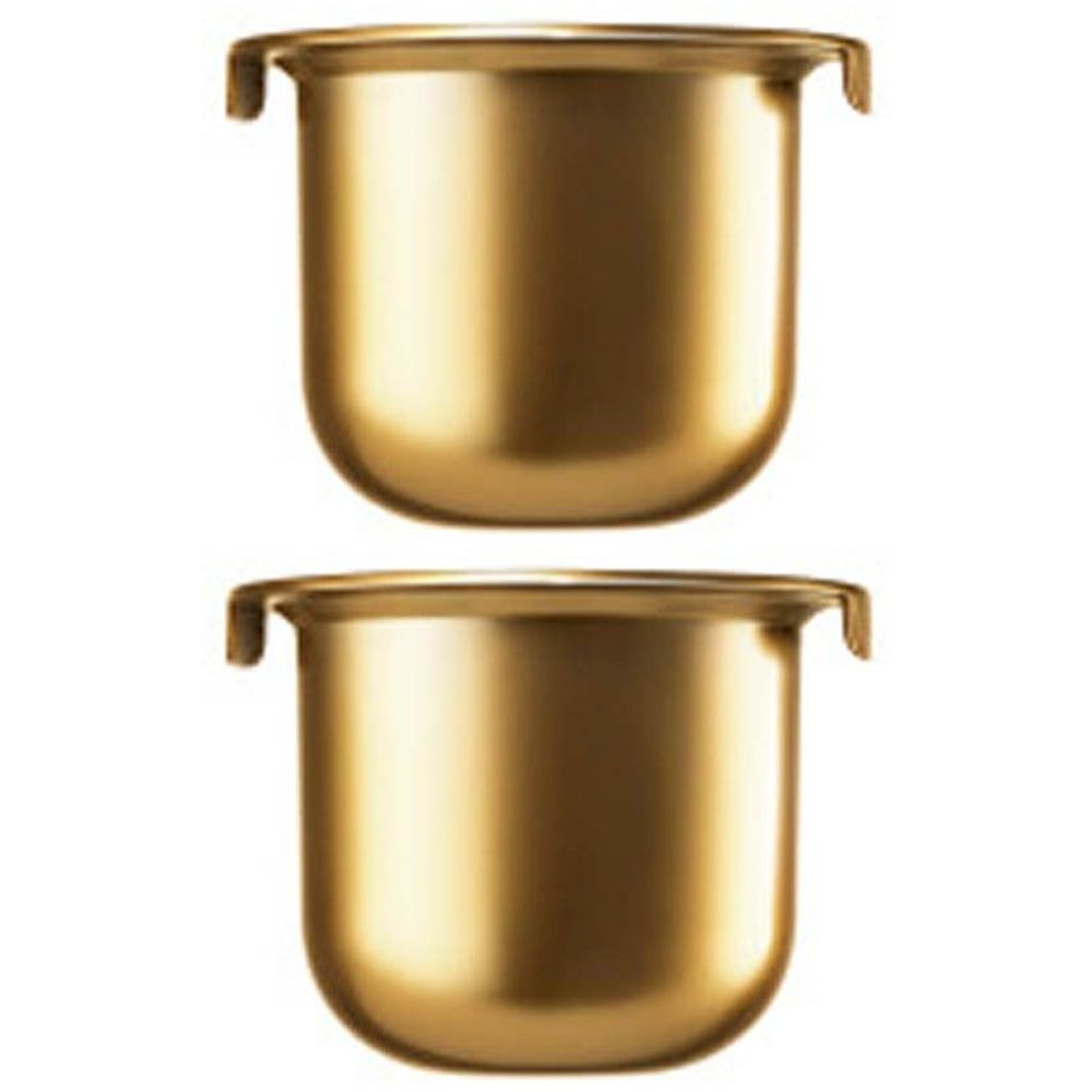 Twee goudkleurige, cilindrische containers met afgeronde bodems en kleine handgrepen.