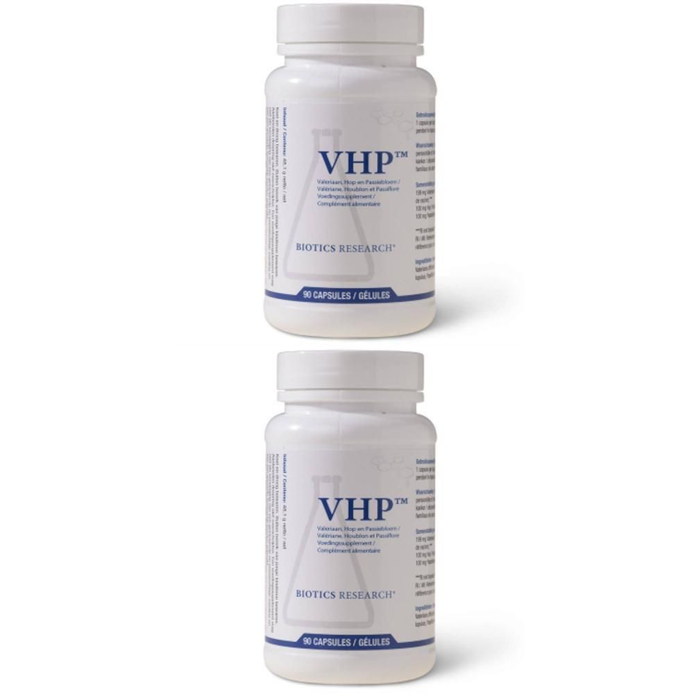 Twee witte flessen met schroefdop. Opschrift VHP™ en Biotics Research®. Blauwe tekst op wit etiket. 90 capsules/gélules.