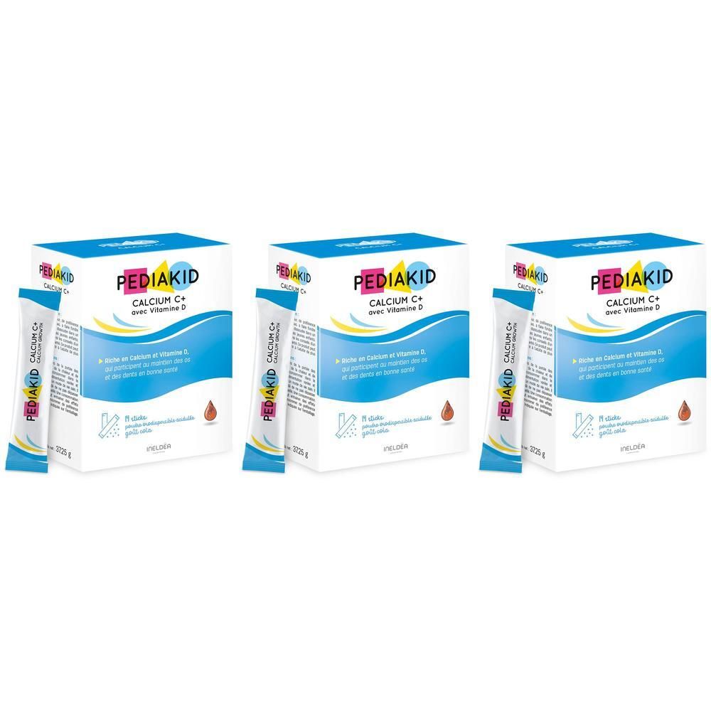 Trois boîtes Pediakid Calcium C+ avec sachets. Emballage bleu et blanc avec nom du produit et informations.