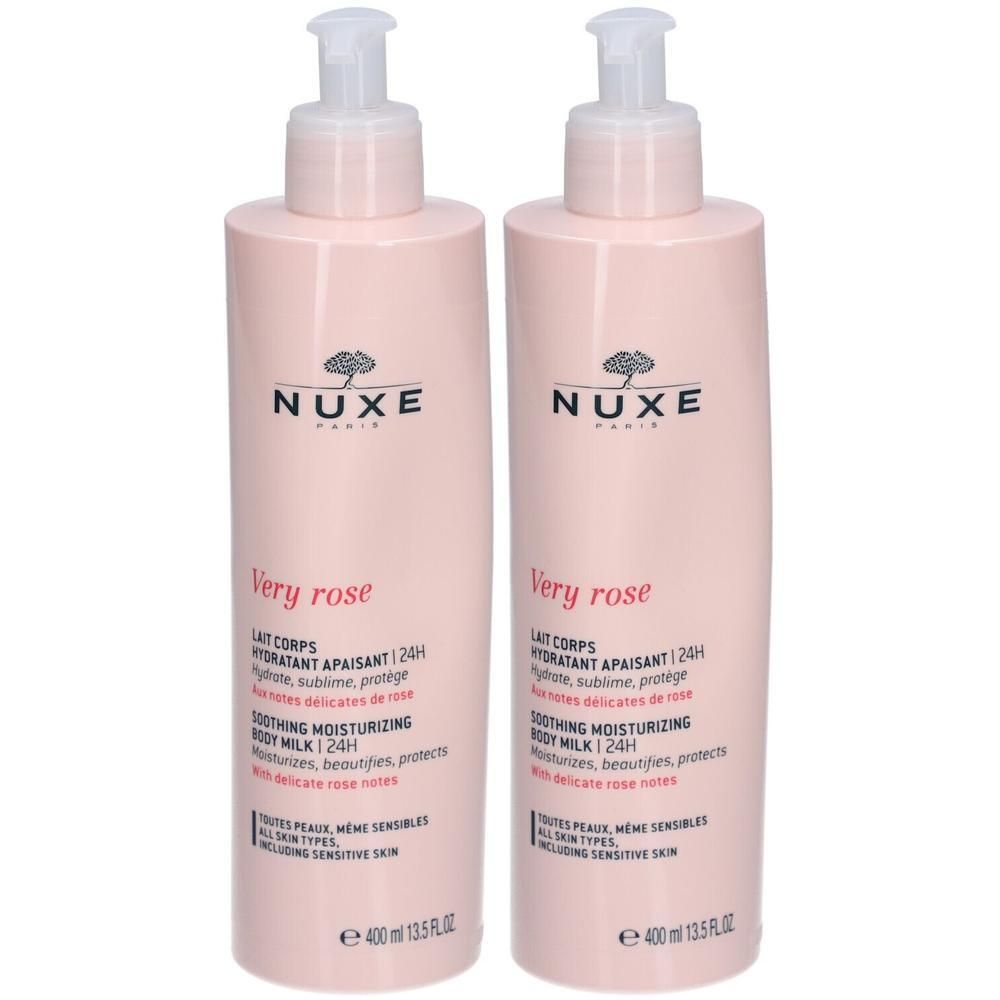 Deux flacons roses de lait corporel avec pompe. Inscription : Nuxe, Very rose, Lait Corps Hydratant Apaisant 24H.