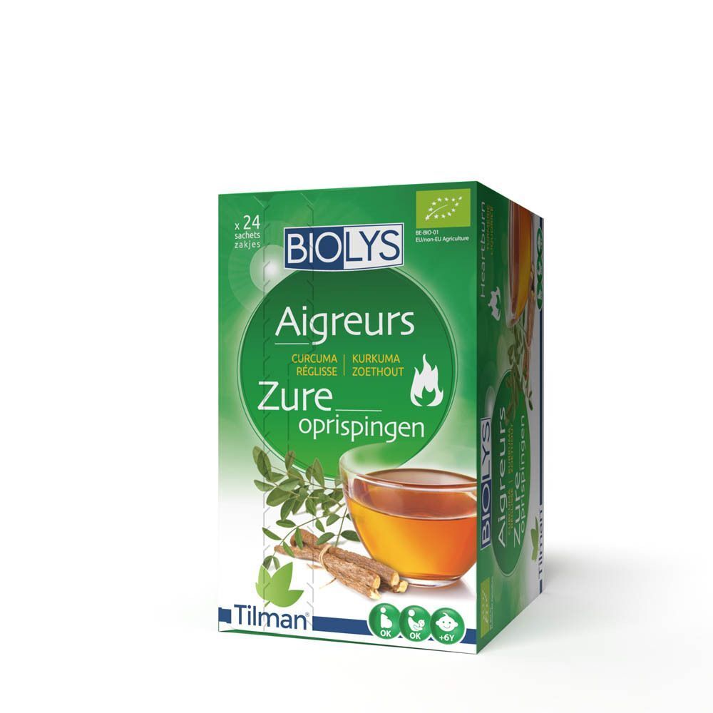 Boîte verte Biolys. Texte en néerlandais et français. Illustration de thé avec curcuma et réglisse.