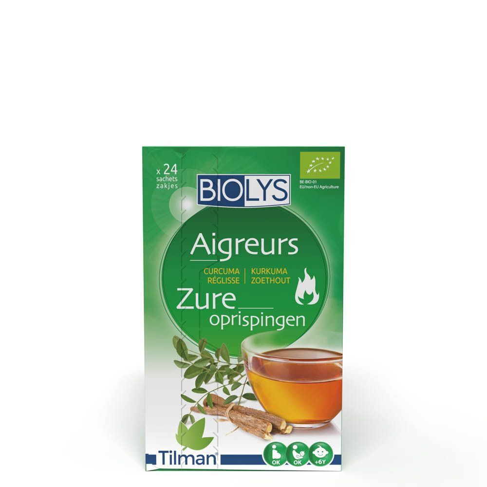 Groene Biolys doos. Tekst in het Nederlands en Frans. Illustratie van thee met kurkuma en zoethout.