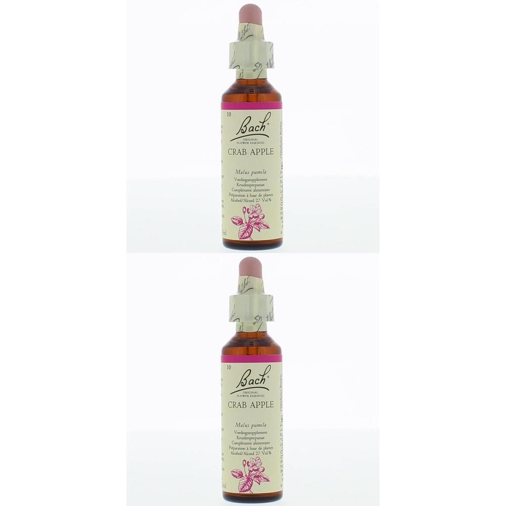 Twee flesjes met roze dop en etiket. Opschrift: Crab Apple, Bach Original. Met bloemenmotief.