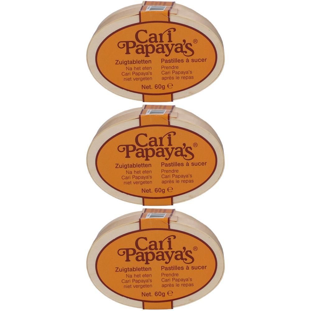 Trois boîtes ovales "Carl Papaya's". Inscriptions en allemand et en français. Poids net 60g.