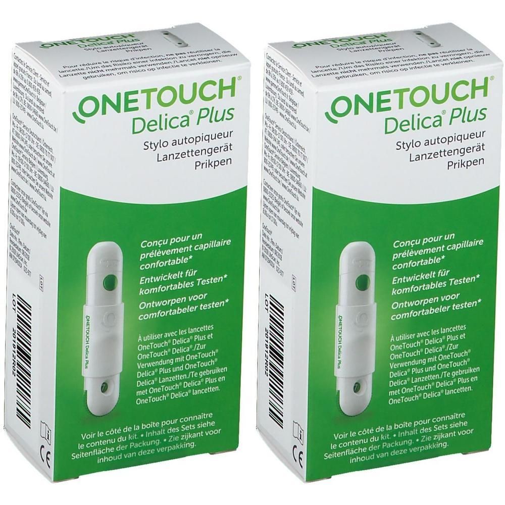 Twee dozen OneTouch Delica Plus. Opschrift: Stylo autopiqueur, Lanzettengerät, Prikpen. Groen-witte verpakking.