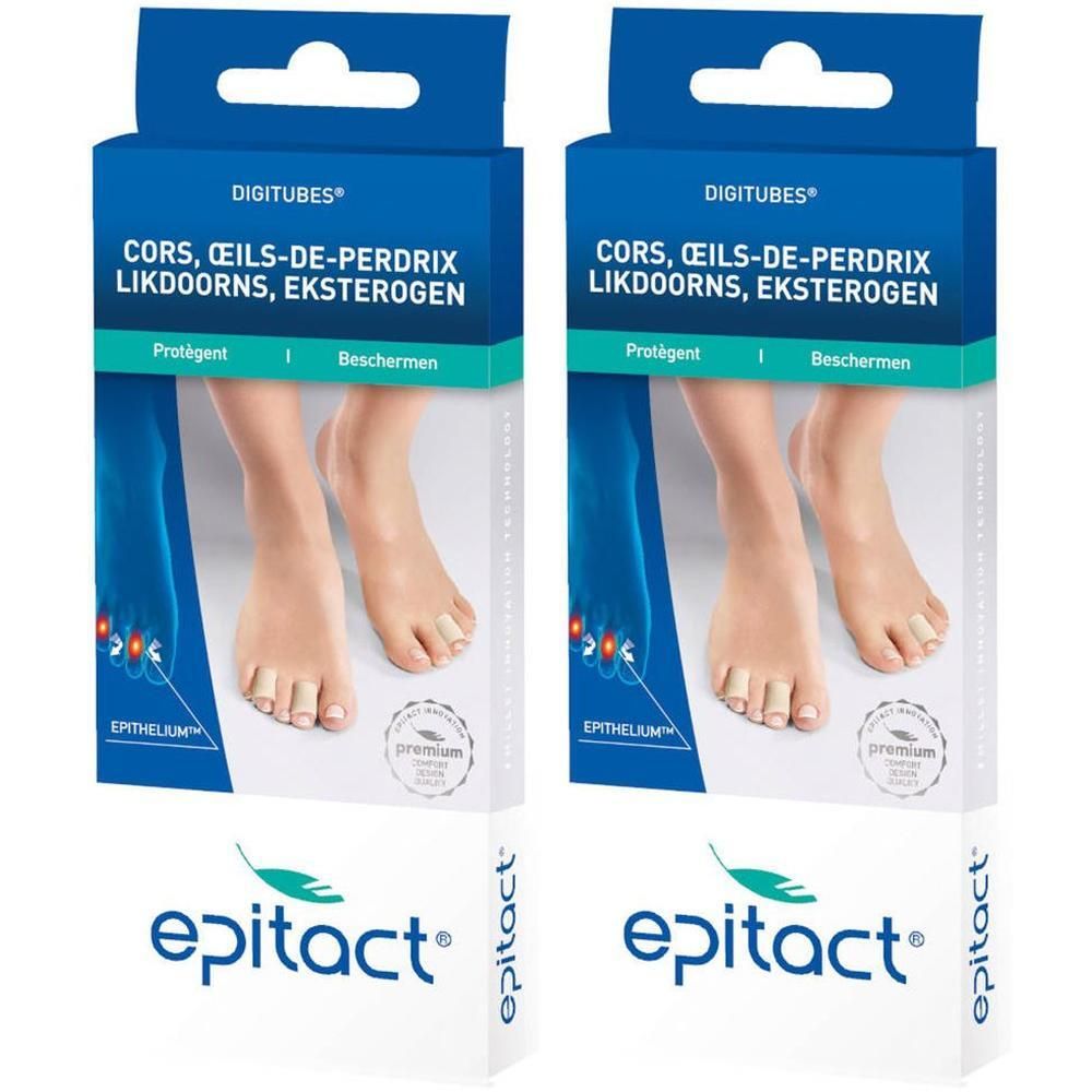 Twee verpakkingen Epitact Digitubes. Tekst: Cors, Œils-de-perdrix. Beschermt. Blauwe verpakking met voeten. Merk Epitact.