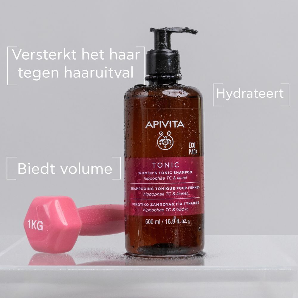 Apivita Tonic Shampooing Tonique pour Femmes fles. Bruine fles met pomp. Roze halter ernaast.