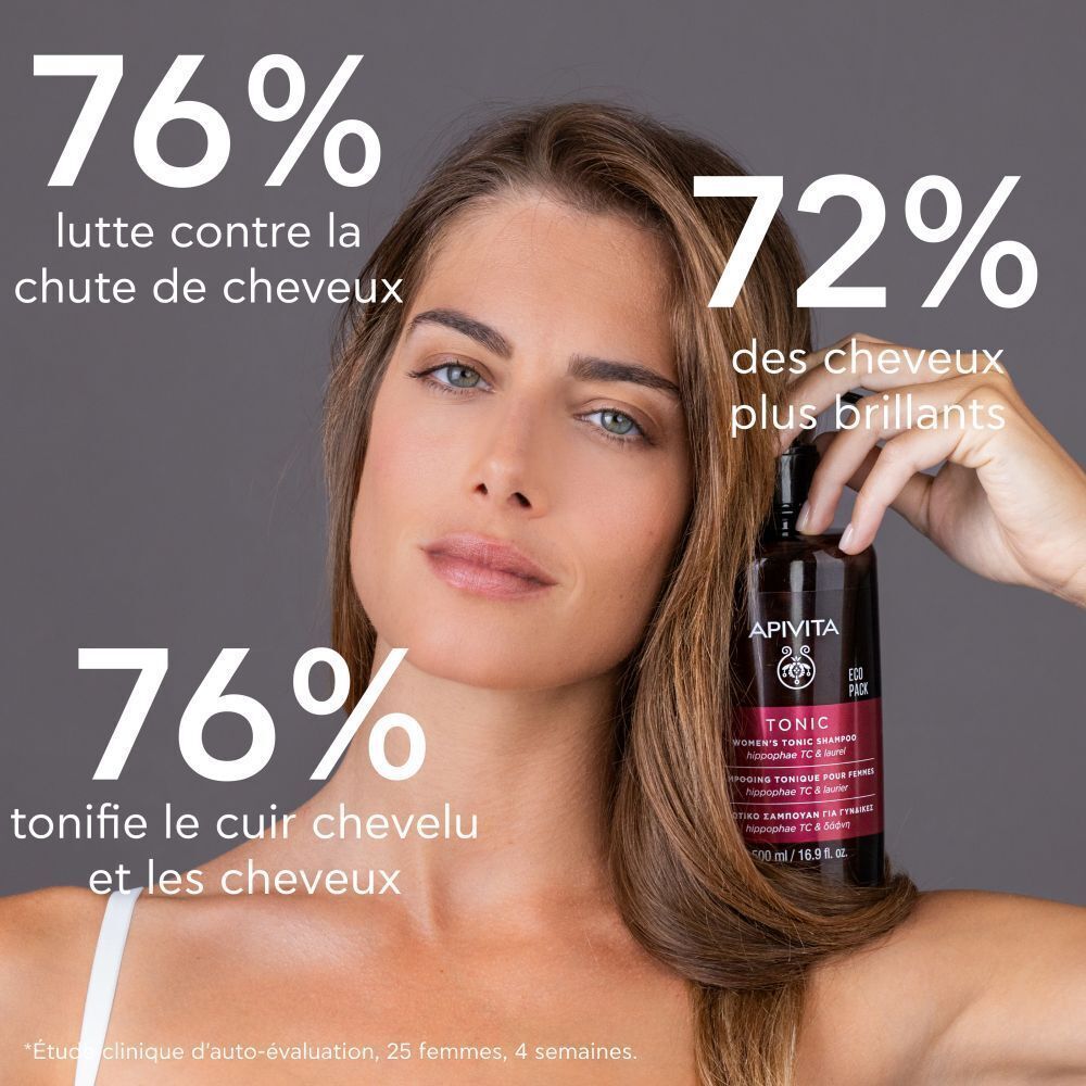 Femme tenant un flacon de shampooing Apivita Tonic pour femmes. Texte et pourcentages.
