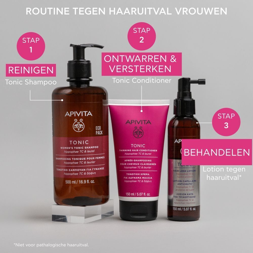 Drie Apivita Tonic producten. Shampoo, conditioner en lotion. Roze en bruine verpakking.