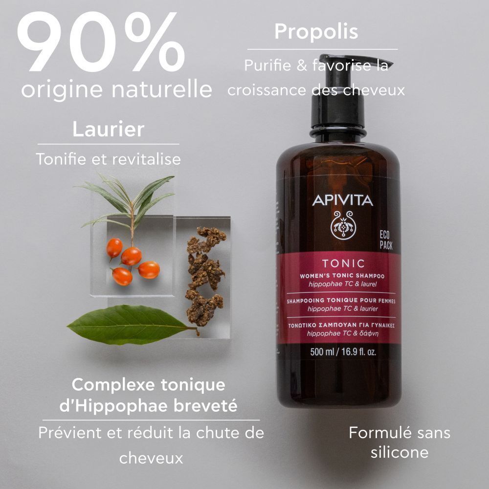 Flacon de shampooing Apivita Tonic pour femmes. Ingrédients : Argousier, Laurier, Propolis.