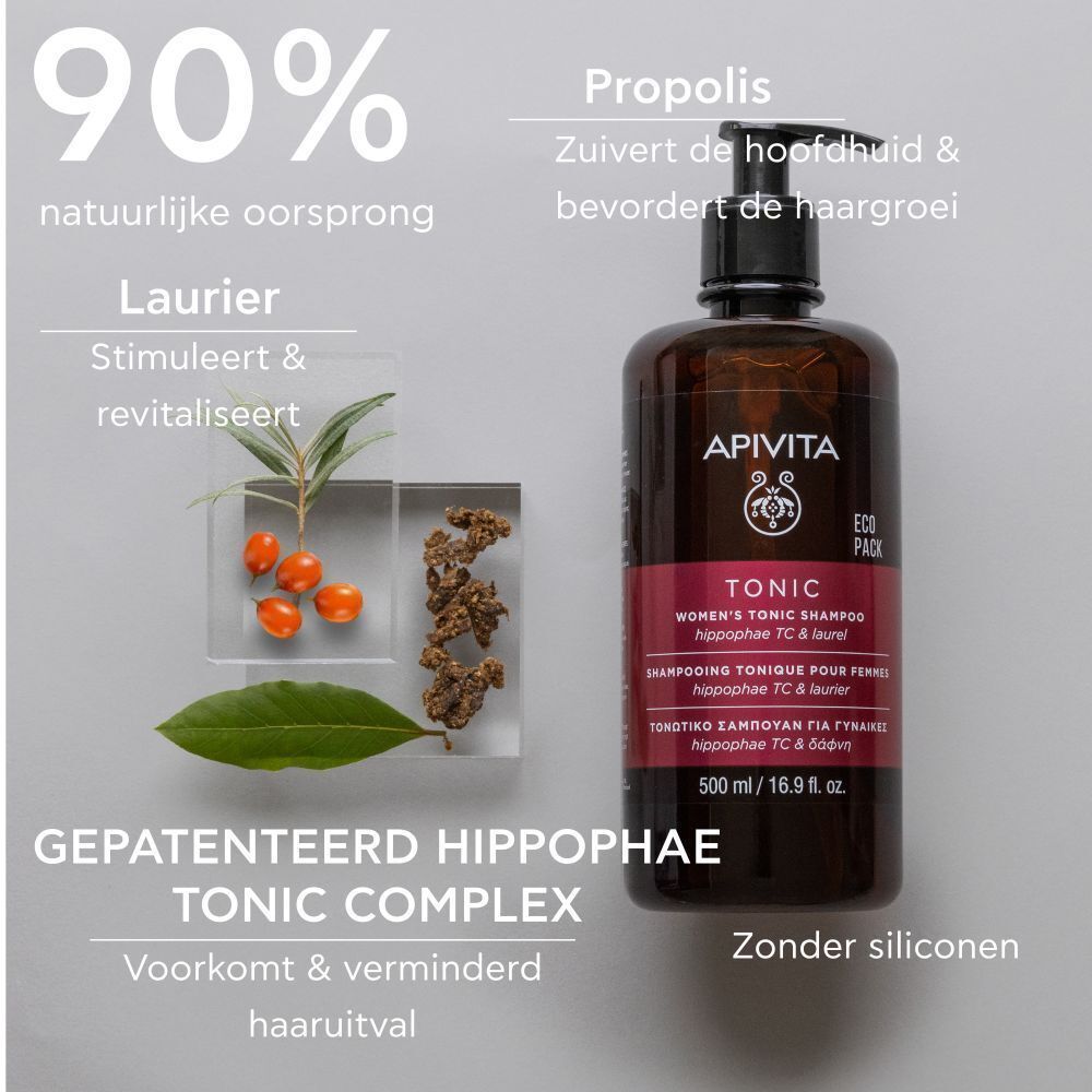 Apivita Tonic Shampooing Tonique pour Femmes fles. Ingrediënten: Duindoorn, Laurier, Propolis.
