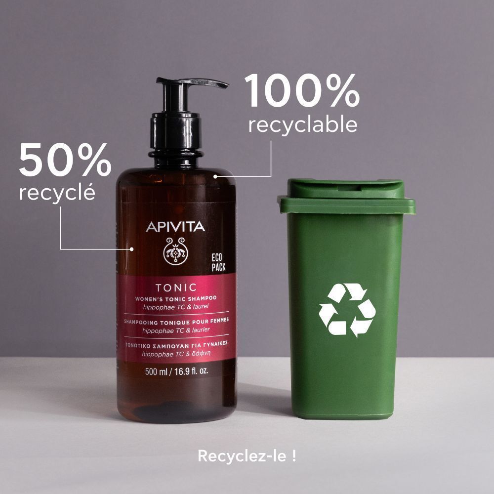 Flacon de shampooing Apivita Tonic pour femmes. Symbole de recyclage et poubelle.