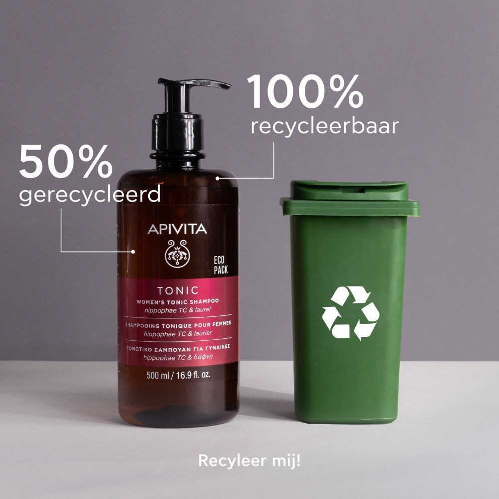 Apivita Tonic Shampooing Tonique pour Femmes fles. Recycling symbool en vuilnisbak.