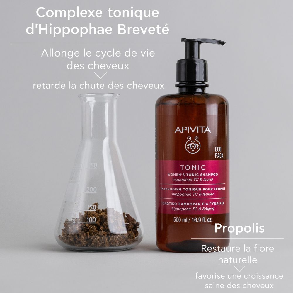 Flacon de shampooing Apivita Tonic pour femmes. Erlenmeyer-Kolben avec ingrédients.