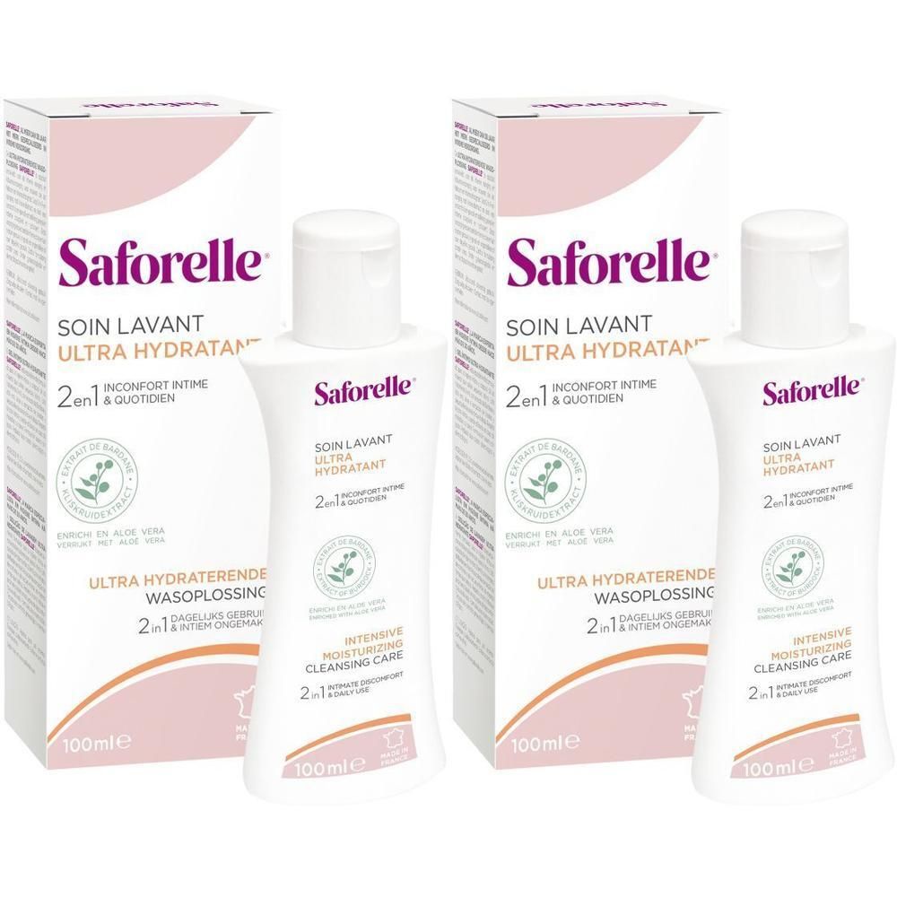 Twee flessen en twee dozen. Op de flessen en dozen staat Saforelle. Op de flessen staat Soin Lavant Ultra Hydratant.
